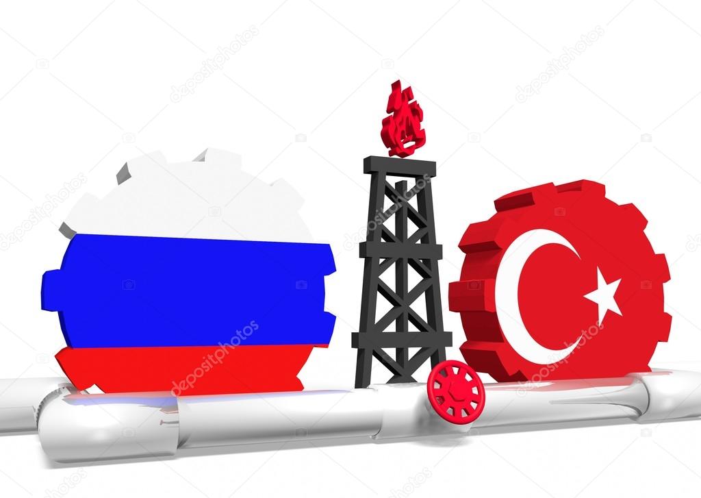 russian and turkey flags on gears, gas rig, pipeline