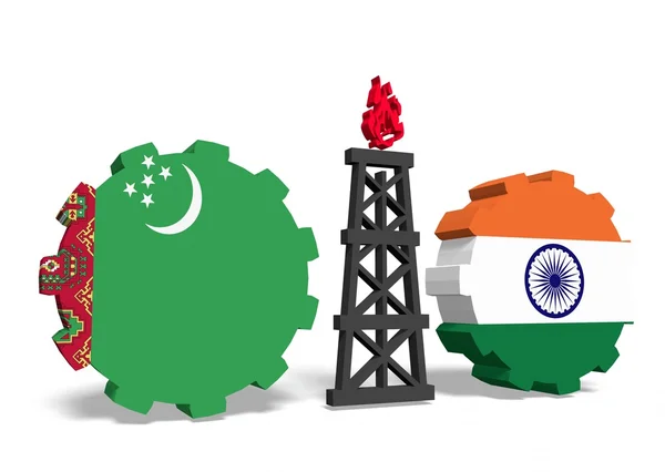 Τουρκμενιστάν και Ινδία σημαίες στα γρανάζια, εξέδρα αερίου μεταξύ τους — Φωτογραφία Αρχείου