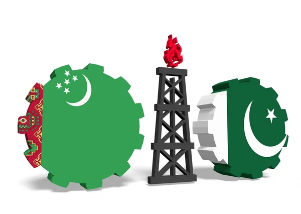 Turkmenistán a Pákistán vlajky na Ozubená kola, plynové plošiny mezi nimi — Stock fotografie