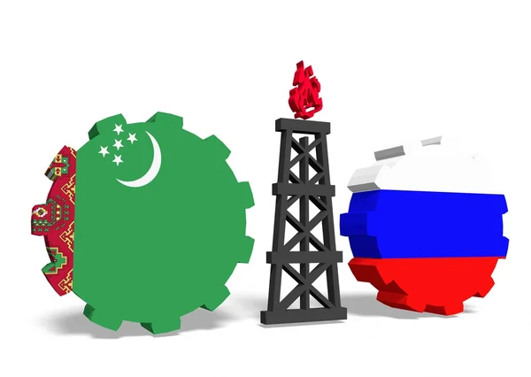 Turkmenistan and russian flags on gears, gas rig between them — Stock Photo, Image