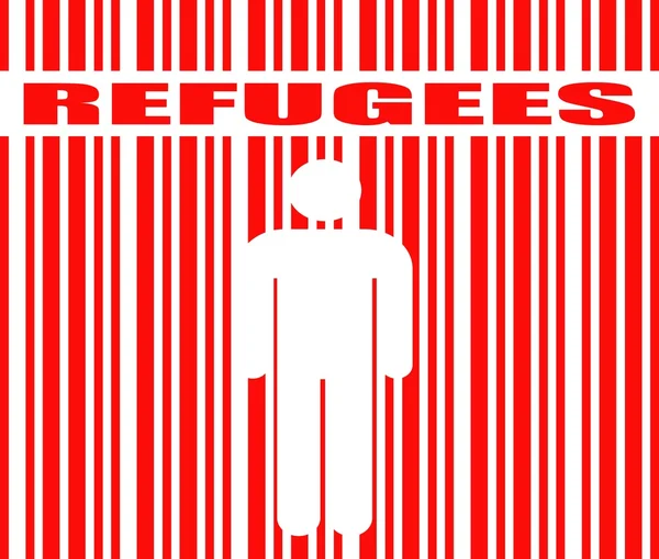 Palabra de refugiados e icono humano en código de barras — Vector de stock