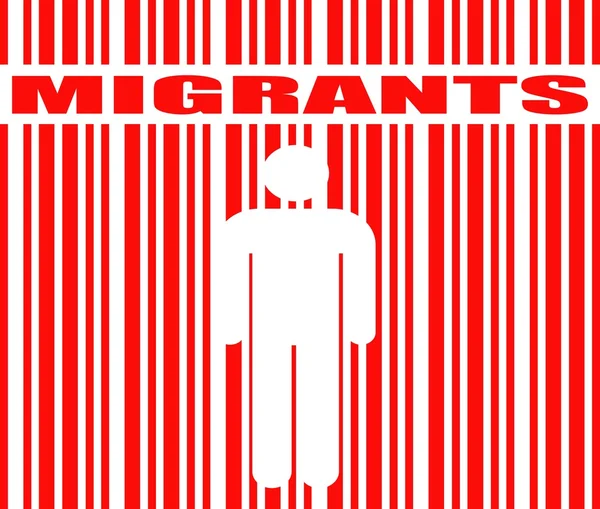 Palabra de migrantes e icono humano en código de barras — Vector de stock