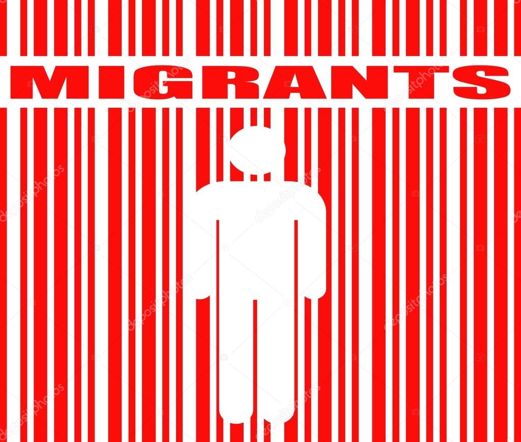 migrants word and human icon in barcode