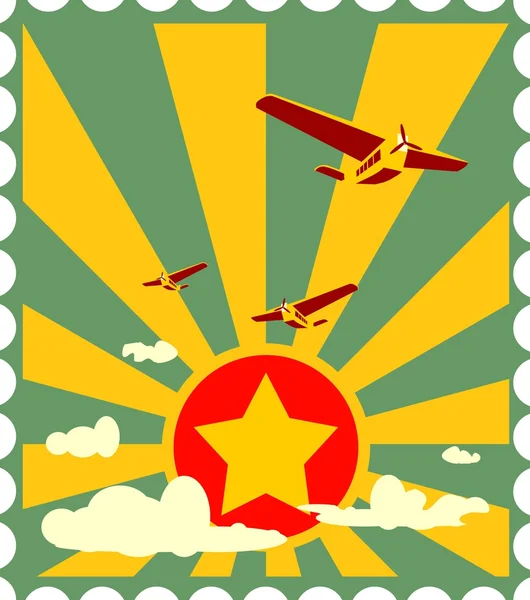 Aviones retro vuelo en el sol estallido telón de fondo — Vector de stock