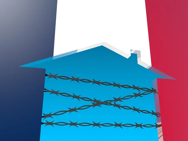 Alambre de púas cerrado icono de casa texturizado por la bandera de Francia — Foto de Stock