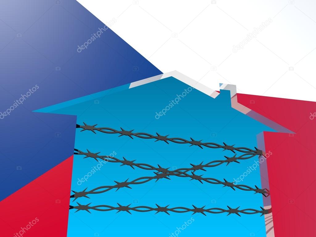 barbed wire closed home icon textured by czech flag