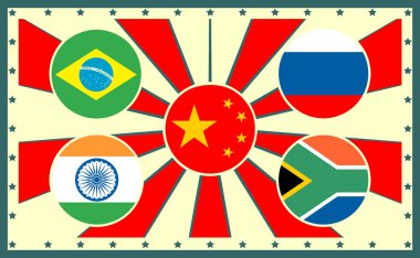Güneş ışınları zemin üzerinde BRICs üye ülke bayrakları