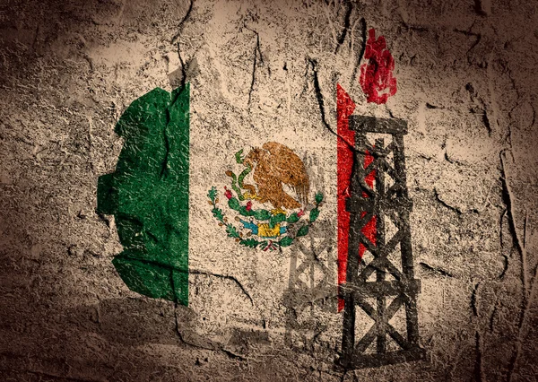 Mexico flag on gear, gas rig near them — Stock Photo, Image