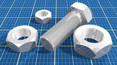 Gümüş cıvata ve somun blueprint kağıt üzerinde dokulu arka plan planı 