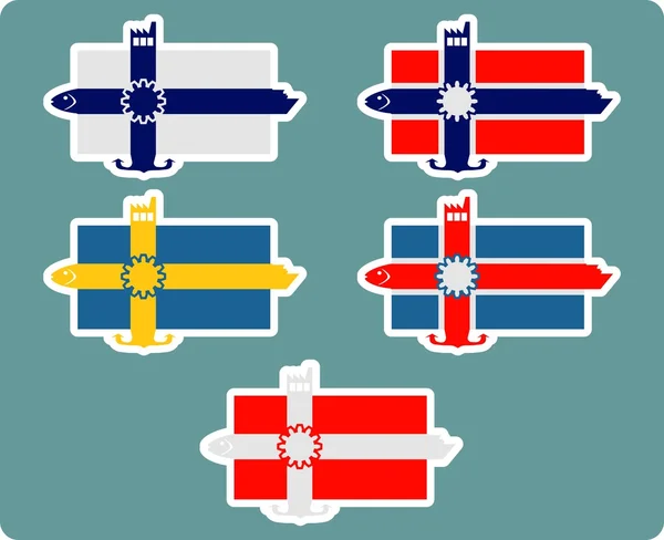 Finland, norway, sweden, denmark, iceland national flag with icons — Stock Vector