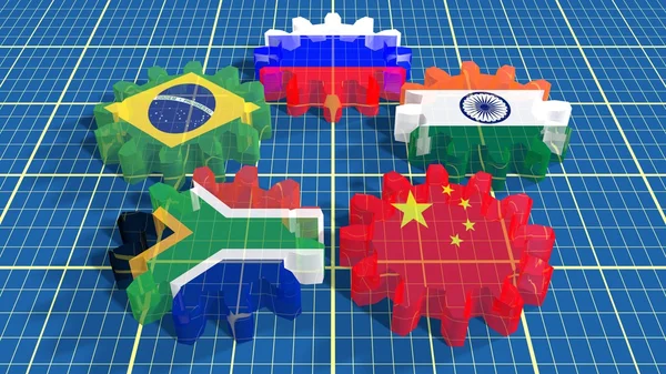 Μέλη της Ένωσης BRICS εθνικές σημαίες σε γρανάζια — Φωτογραφία Αρχείου