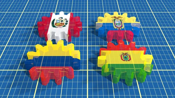 Andean Community Association von vier Volkswirtschaften Mitglieder Flaggen auf Zahnrädern. — Stockfoto