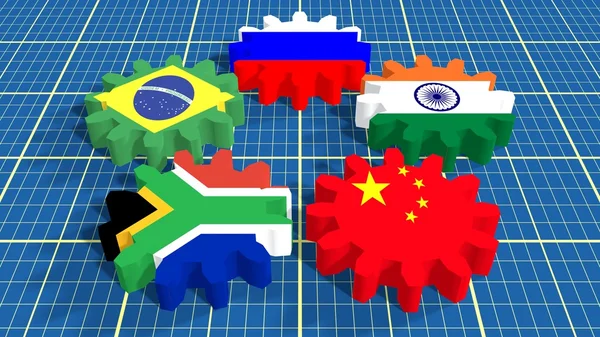 BRICS sindicato membros bandeiras nacionais em engrenagens — Fotografia de Stock