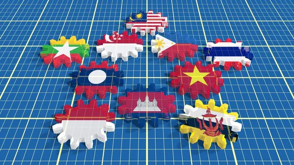 Национальные флаги стран-членов АСЕАН на зубчатых колесах — стоковое фото