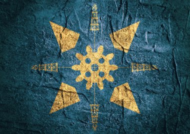 Flat gear and gas rig icons. Emblem on concrete backdrop