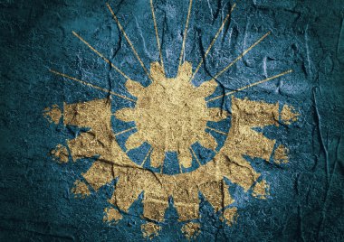 Flat gear and gas rig icons. Emblem on concrete backdrop