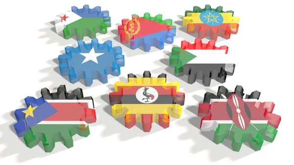 Intergovernmental Authority Development members national flags on gears — 图库照片