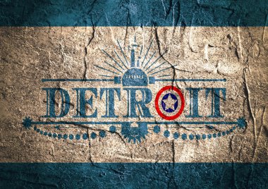 Detroit şehir adını bayrak renkleri ile harf O tarz 