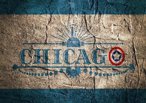 Jméno města Chicago s vlajkou barvami stylizované písmeno O — Stock fotografie