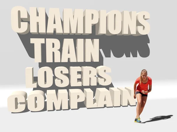 Champions tåg förlorarna klaga. Fitness Motivation citat. Rinnande kvinna — Stockfoto