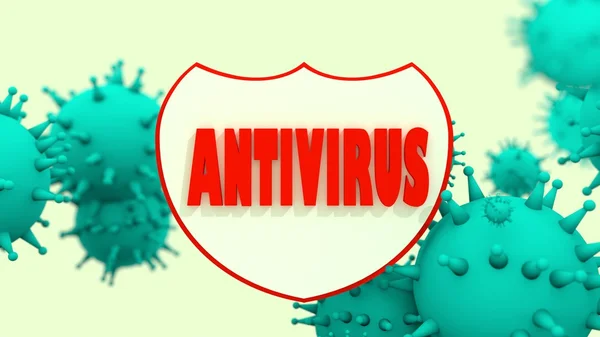 Escudo con texto antivirus y modelos viruse. programa de seguridad abstracto — Foto de Stock