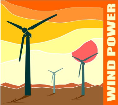 Rüzgar Türbini manzara illüstrasyon. Rüzgar enerjisi