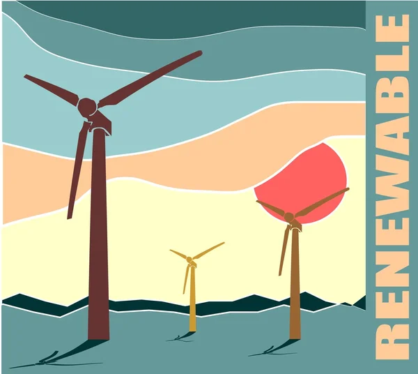 A szél turbina táj illusztráció. Szélenergia — Stock Vector
