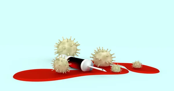 Abstract virus modes and syringe. Blood stain — Stock Photo, Image