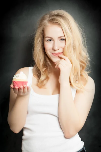 Overweight Concept. Temptation. Woman with Cake — Stock Photo, Image