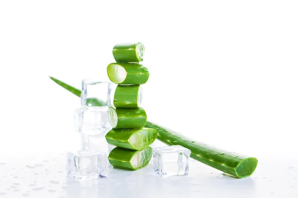 Gröna Aloe Vera och isbitar på vit bakgrund — Stockfoto