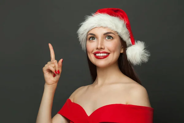 Happy Woman Santa Loking Pointing Black Background Christmas Holiday New — Stock Photo, Image