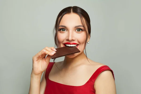 Happy Beautiful Woman Biting Chocolate Cheat Meal Diet Concept — Stock Photo, Image