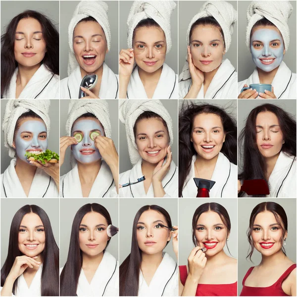 Woman routine. Spa model woman face collage set