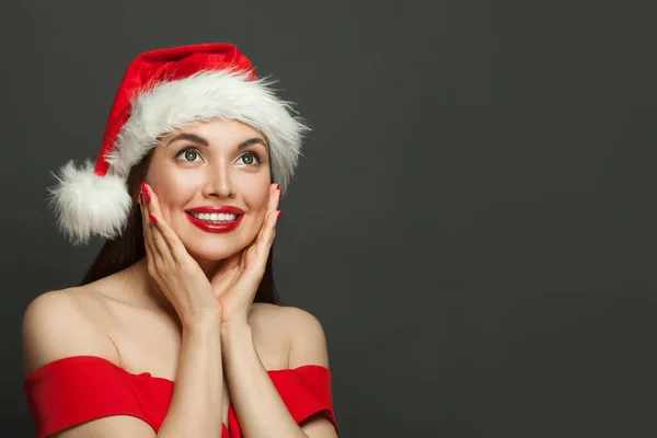 Happy Smiling Woman Santa Hat Black Background Christmas Holiday New — Stock Photo, Image