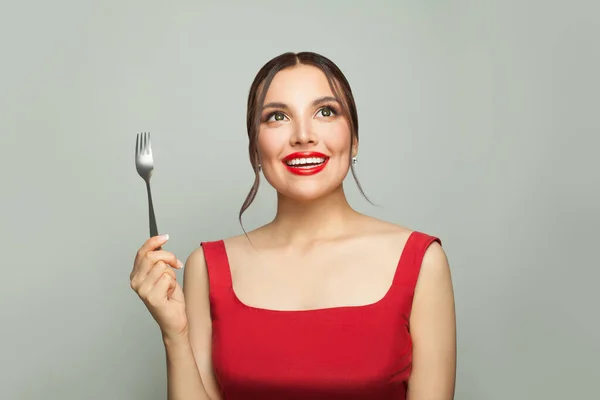 Happy Woman Empty Fork White Background Food Temptation — Stock Photo, Image