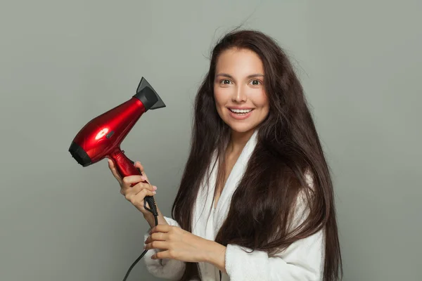 Cute Young Woman Brunette Long Hair Holding Hairdryer White Background — Stock Photo, Image