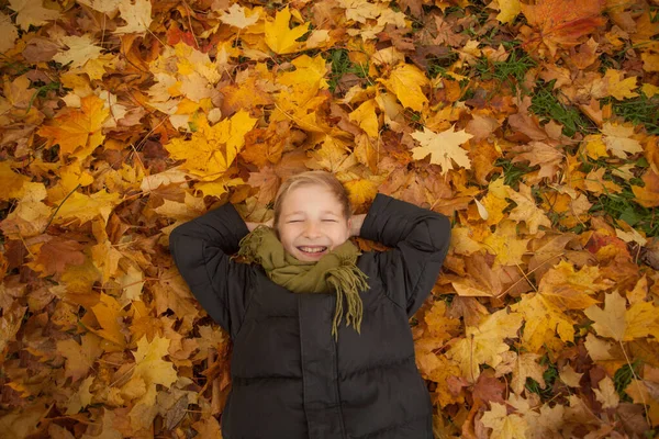Widok Góry Słodkie Dziecko Chłopiec Uśmiecha Się Leżąc Jesiennych Liściach — Zdjęcie stockowe