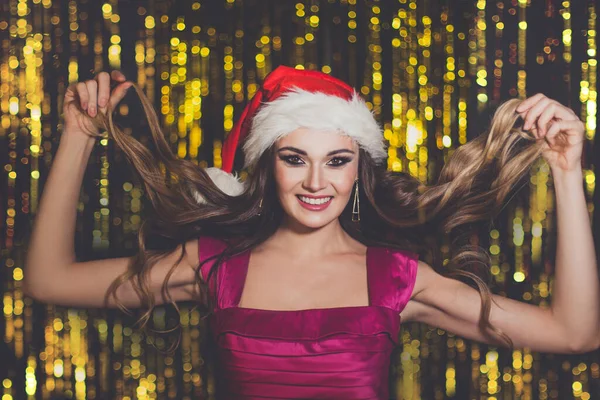 Happy Excited Young Woman Santa Hat Smiling Golden Glitter Sparkle — Stock Photo, Image