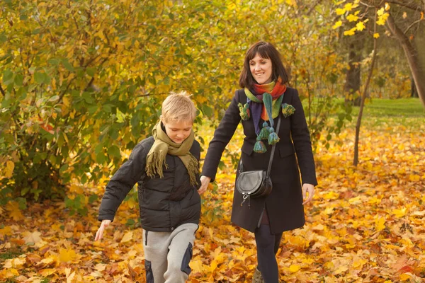 Madre Suo Figlio Bambino Ragazzo Piedi Nel Parco Autunnale — Foto Stock