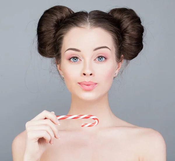 Cool Young Woman Holding Lollipop Portrait — Stock Photo, Image