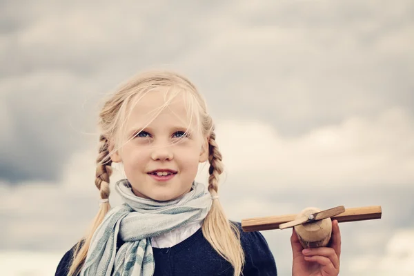 Playful Child Girl Outdoors under Cloudy Sky — Stock Photo, Image