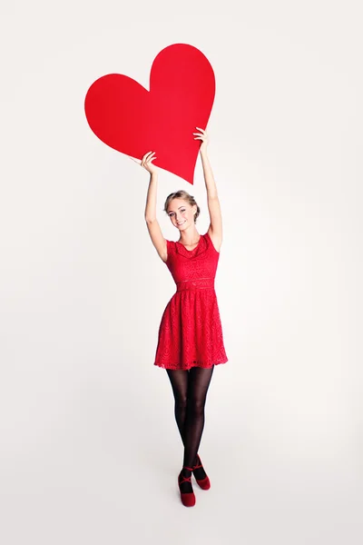 Fashion Model holding Big Red Heart Banner — Stock Photo, Image