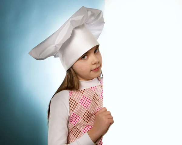 女孩与帽子厨师和孤立的广告牌 — 图库照片