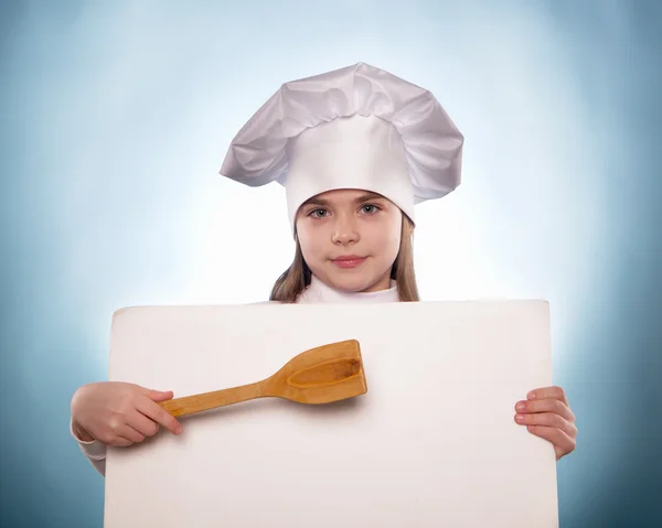Девушка в шляпе шеф-повара и рекламные щиты изолированы — стоковое фото