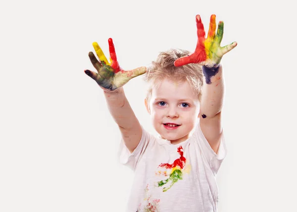 The baby boy with  gouache soiled hands and shirt isolated — Stock Photo, Image
