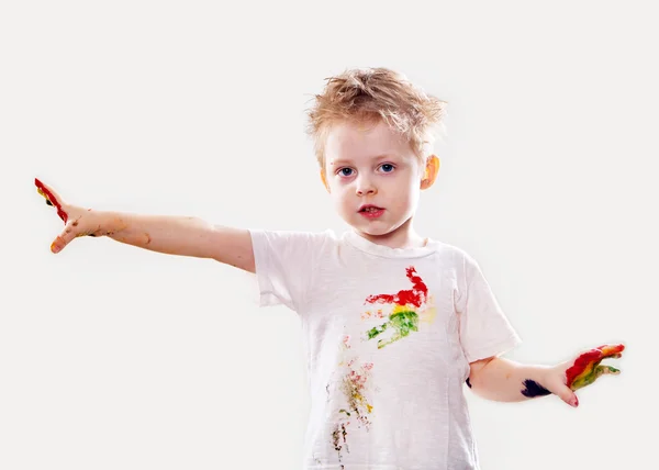 The baby boy with  gouache soiled hands and shirt isolated — Stock Photo, Image