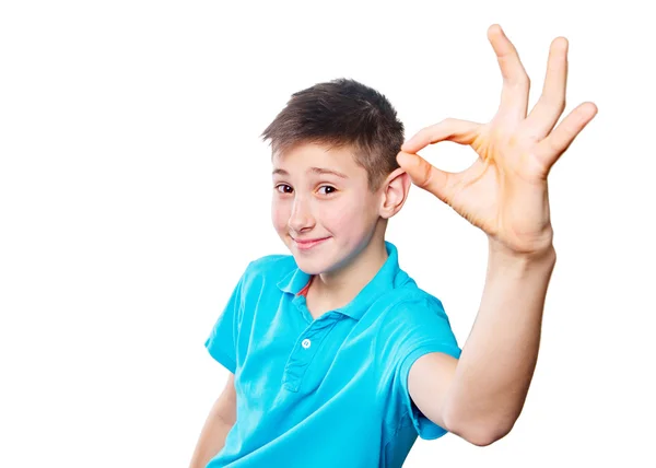 Egy fiú, egy fehér háttér, kék inget mutató ujját találat érzelmeket kifejező portré — Stock Fotó