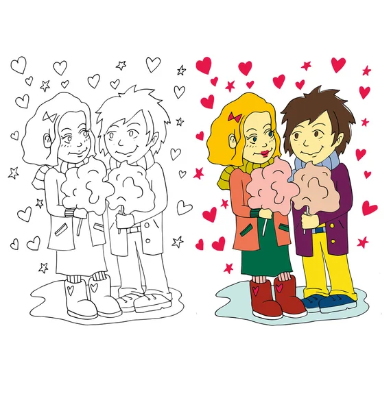 A imagem de desenho animado do par da cor de dia de Valentim e para colorir isolado — Vetor de Stock