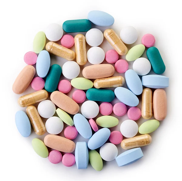 Verschiedene bunte Nahrungsergänzungsmittel und Tabletten — Stockfoto
