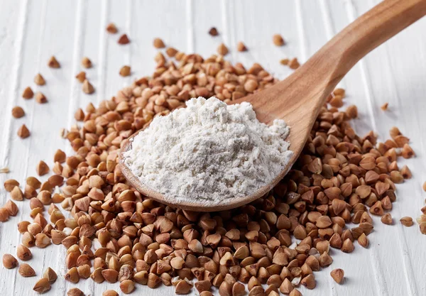 Spoon of buckwheat flour — Stock Photo, Image